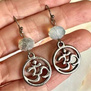 Blue silver tone OM drop earrings